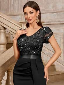 MIUSOL Elegant Sequin Lace Puff Sleeve Ruched Split Thigh Cocktail Party Bodycon Dress,Semi Formal Women Dress,For Wedding Guest, Graduation, Dinner - Black - View 11