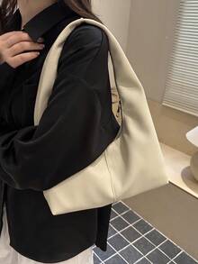 1 pieza Bolso de mano de unicolor de PU personalizado para uso diario, bolso de tela minimalista, bolso de hombro, bolso de axila - Beis - Ver 9