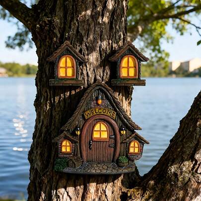 1 Set Wooden Fairy Tale Treehouse 3 Pieces Set, Garden Tree Decor Hanging Ornament, Outdoor Yard Miniature Landscape Accessory