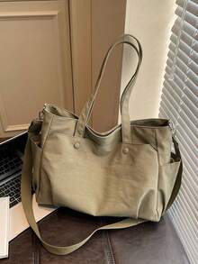 1pc Beige Soft Faux Leather Multi-Pocket Large Capacity Tote Bag, Suitable For Daily Commute - Multicolor - View 3