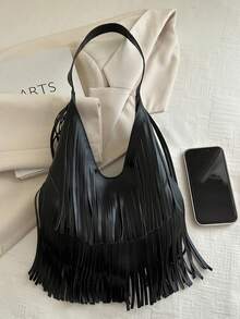2025 New Casual Retro Large Capacity Suede Fringe Commuter Handbag, Versatile Underarm Shoulder Bucket Bag For Women - Black - View 3