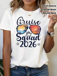 2026 Camiseta Casual de Manga Corta con Cuello Redondo para Mujeres con Estampado Gráfico Cruise Squad Primavera - Verano| Estilo diario, Salida diaria, Regalo de festivales, Patrón de dibujo animado - Blanco - Ver 3