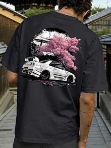 Fractyr 男士夏季时尚简约街头樱花树汽车图案圆领短袖T恤 | 百搭街头休闲日常穿搭，男友/老公礼物 - 黑色 - 查看 2