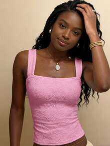 Women's Sexy Fitted Knit Square Neck Top, White Knit Jacquard Textured Fabric Tank Top, Fitted Regular Summer Women's Solid Color Tank Top Pink Casual - Pink - View 3