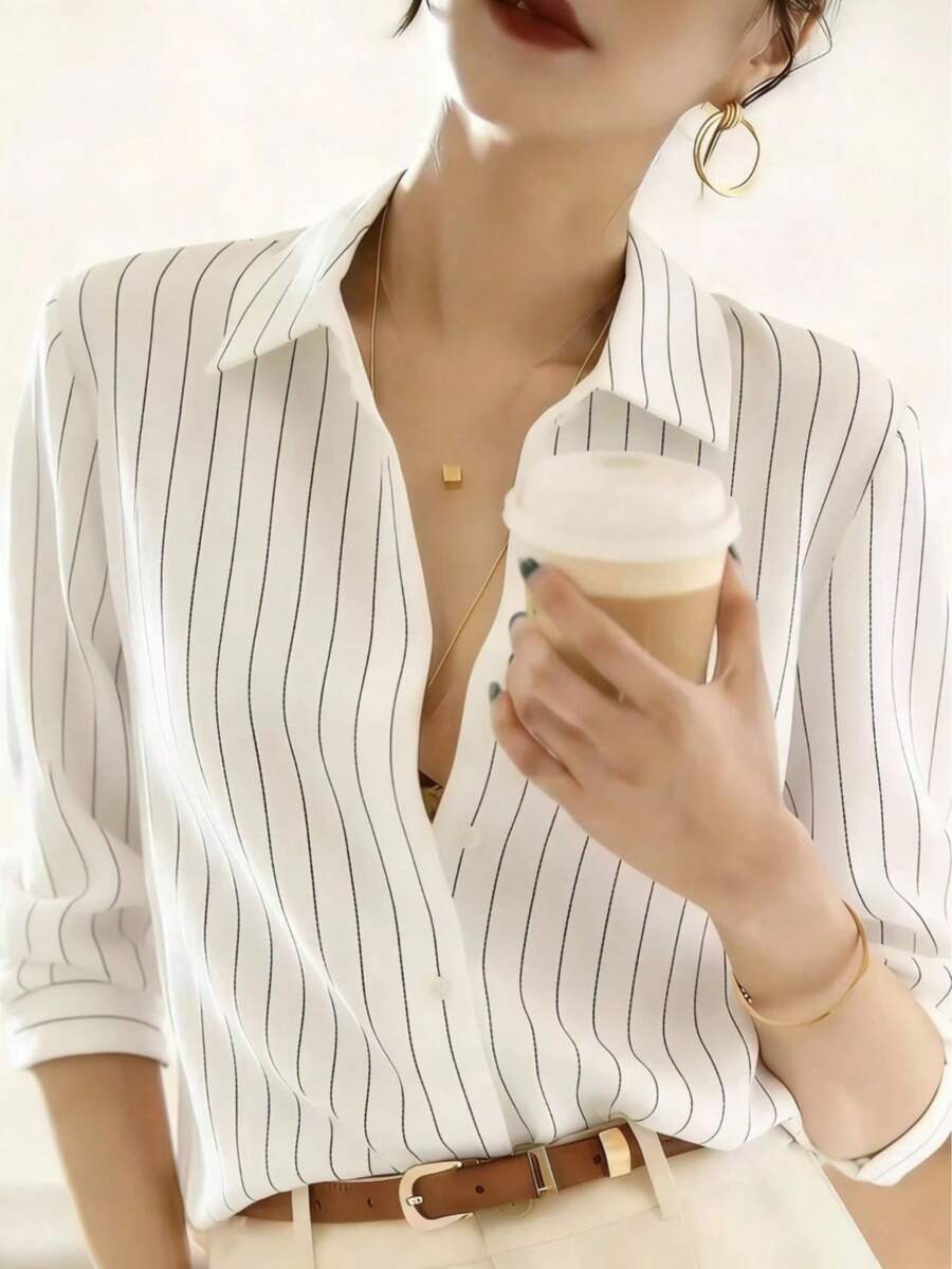 Women's Elegant Long Sleeve Striped Shirt With Collar Button, Regular Fit Spring White - White - View 1