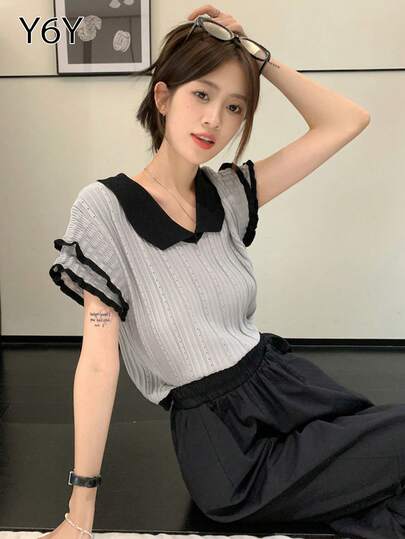  [Y6Y] Women's Wavy Hem Contrast Color Cap Sleeve Knit Top, Peter Pan Collar Cap Sleeve Cropped T-Shirt, Suitable For Pairing With Dresses And Pants Spring
