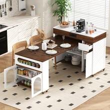 Kitchen Island With Wheels, Extendable Dining Table With Power Strips And Ribbed Glass, Sideboard With One Drawer, Serves As A Kitchen Island, Sideboard For Kitchen And Dining Room (White + Walnut) - White - View 3