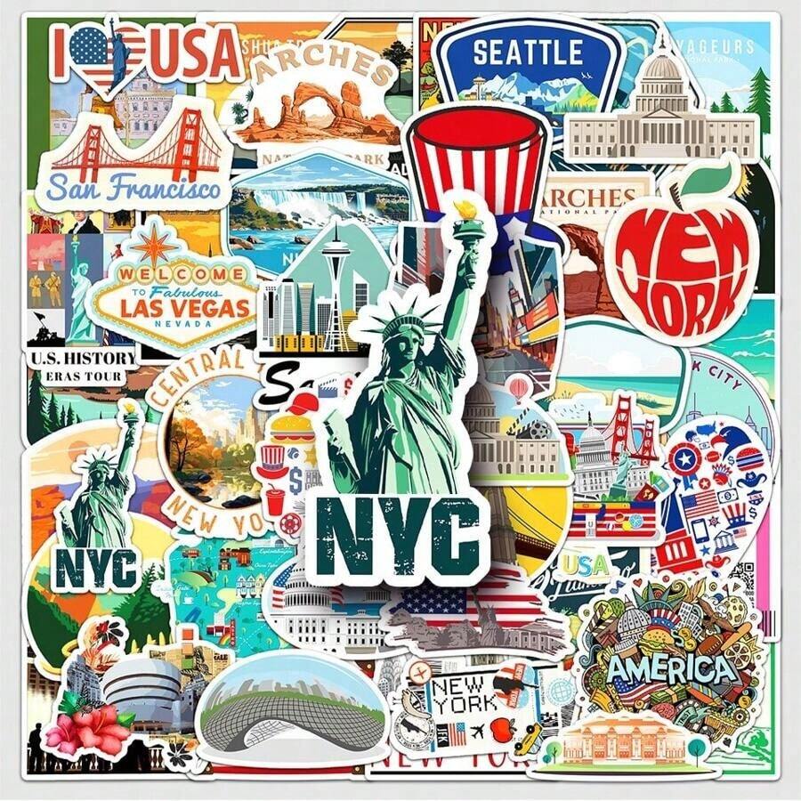 50pcs USA Vinyl Waterproof Graffiti Stickers, Famous American Landmarks, Laptop, Bottles, Bumper, Phone, Notebooks, Mexico, New York, Patch - 多色的 - 查看 1