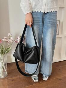 Casual Tote Bag, Fashion Large Square Bag, Pu Leather Shoulder Bag For Women - Black - View 5