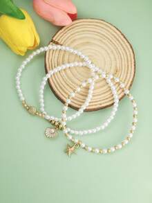 1 Set Of 3 Pcs Summer Fashion Shell Shaped Women Anklet, Faux Pearl & Starfish Decor Elastic Bracelet Jewelry Set - Multicolor - View 2
