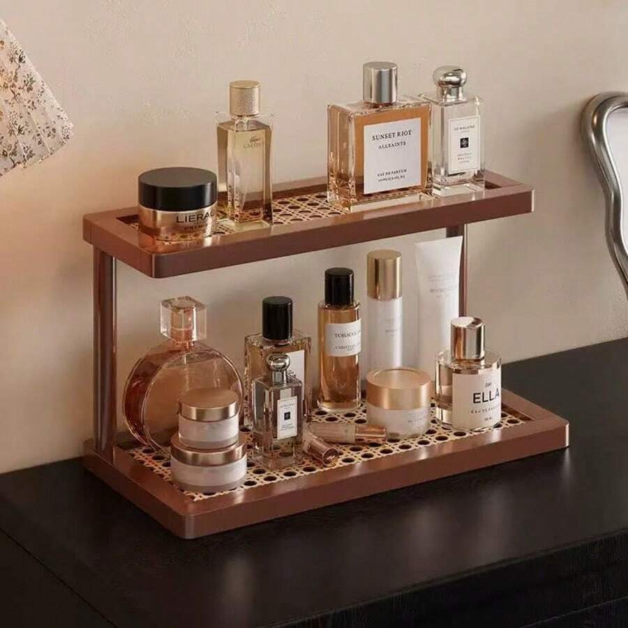 1pc Vintage High-End Cosmetic Storage Rack, Desktop Vanity Perfume Skincare Organizer, Lipstick Jewelry Entryway Shelf, Small Desktop Cup Tea Holder, Dorm Kitchen Storage Rack - Brown - View 1