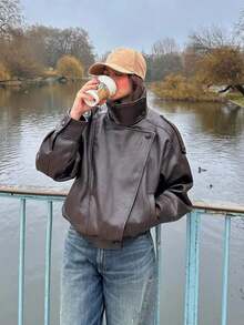 Áo khoác giả da thời trang nữ, tay dài có túi và khóa kéo, phong cách retro đường phố mới, thích hợp cho kỳ nghỉ. - màu nâu - Xem 2