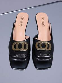 1 Par de Chinelos de Salto Alto Estilo Coreano Plus Size para Adolescentes, Cor Sólida PU Macio + Decoração de Fivela de Disco Redondo Dourado, Bico Quadrado Corte Raso Bico Fechado Salto Fino Design Slip-On Aumentador de Altura, Chinelos de Salto Anabela Elegantes Fofos e Modernos para Trabalho e Casual, Adequados para Uso Diário Casual Férias Escritório Interno, Novo para Primavera e Verão - Preto - Visão 5