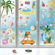 1 Set Of 4 Summer Theme Window Stickers, Includes Palm Tree, Car, Fruit Patterns, Removable Static Cling Glass Decals, Suitable For Bedroom, Living Room, Balcony And Display Window Decoration - Beach - View 5