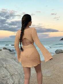 Women's Solid Color Sexy Hollow See-Through Backless Design Long Sleeve Coverup Crop Dress, Suitable For Beach Vacation, Spring/Summer White - Camel - View 6