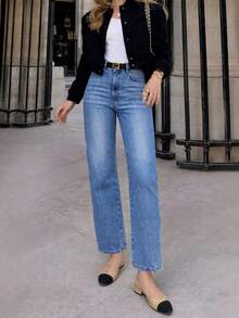 Women's Elastic Straight-Leg Jeans, High-Waisted Light Wash Loose Fit, Casual Streetwear Daily Wear Spring - Baby Blue - View 1