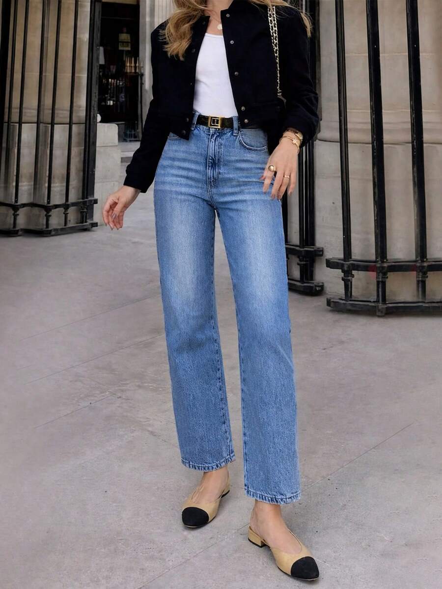 Women's Elastic Straight-Leg Jeans, High-Waisted Light Wash Loose Fit, Casual Streetwear Daily Wear Spring - Baby Blue - View 1