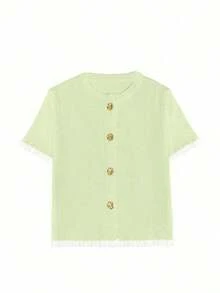 Women's Summer Button Ear Design Beige Knit Top, Elegant Casual Short Sleeve Knit Sweater, Suitable For Dates And Daily Wear - 綠色 - 查看 6