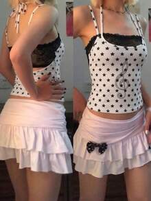 Women's Y2K Star Print Camisole Top - Double Spaghetti Straps Lace Trim U-Neck Sleeveless Top, Musical Note Graphic Backless Design, Summer Outfits For Women, Party Outfit, Going Out Streetwear, Spring Summer Daily Wear, Edgy Casual Top - Multicolor - View 1