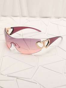 1pc Frameless Metal Heart Decor Y2K Style Fashion Glasses For Women, Suitable For Beach, Party, Gift, Vacation Wraparound Shape Shades - Purple Powder Tablets - View 4