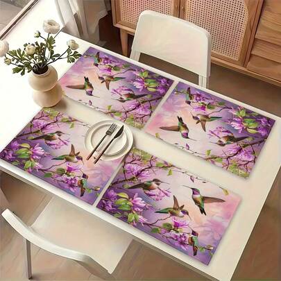 1pc Bird & Flower Pattern Linen Placemat, Breakfast Mat, Coffee Coaster, Bowl Pad, Kitchen Accessory, Easy To Clean, Suitable For Home, Dining Room, Decoration, Holiday Gift, Gift For Friends, Multi-Piece Set