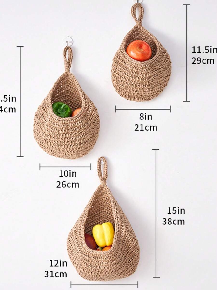 欧式流行编织壁挂式水果网袋，鸟巢，水滴形棉绳编织篮网 - 卡其色 - 查看 1