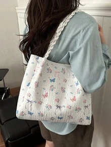 1 chiếc túi xách tay tối giản, chất liệu nylon trắng, in hình bướm và hoa, quai buộc thắt nút, kiểu dáng thường ngày, thời trang và đa năng dành cho nữ, mẫu mới mùa xuân. - trắng - Xem 5