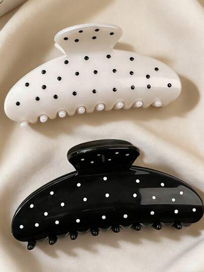 2个/1个女士4.13英寸/10.5厘米黑白波点轻质塑料发夹，时尚百搭高端优雅简约纯色发爪，适合日常休闲、派对、通勤、海滩、丸子头、马尾辫、洗脸、化妆等场合，可作为女士发带或冬季发饰使用。