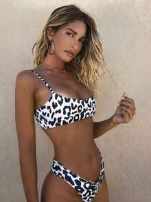 Set Bikini Camisole Tanpa Punggung Elastis Motif Leopard, Pakaian Renang Seksi 2 Potong untuk Wanita Liburan Pantai Musim Panas - Motif macan tutul putih - View 2