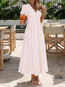 Đầm nữ PoPoHouse màu trơn thanh lịch cổ chữ V tay phồng, thích hợp mặc đi nghỉ dưỡng, mùa xuân/hè. - Màu Hồng baby - Xem 5