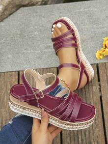 1 Pair Plus Size Women's Platform Sandals With Rivet Decor, Round Toe Thick Sole, Fashion Summer Daily Wear Vacation Style, Random Pattern, Wine Red - Burgundy - View 3