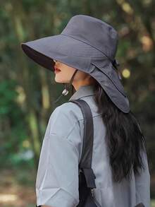 Women's Summer Sun Hat, Outdoor Cycling Neck Protector, Wide Brim, Breathable, Foldable, Hiking Bucket Hat, Fashionable, Versatile, Solid Color, Casual, Polyester Fiber (Polyester) Solid Color Windproof And UV Protection Hat For Spring And Summer., Beach, Vacation - Hat - View 7