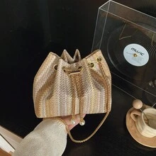 Woven Texture Fashion New One Shoulder Diagonal Handbag, Tote Bag For Work Commute, Drawstring Bucket Bag With Simple Stylish Metal Chain Shoulder Strap - Multicolor - View 4