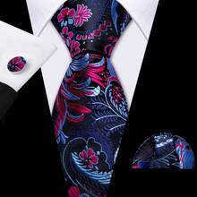 Navy Blue Rose Jacquard Necktie Set - Includes Pocket Square, Cufflinks And Gold Tie Clip, Accessories - Navy Blue - View 2