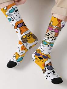 1 Pair 360° Printed Cartoon Puppy Pattern Crew Socks, Cute Dog Print Mid-Calf Socks, All-Season Unisex Comfort Casual Socks, Novelty Fun Pattern Socks - Multicolor - View 1