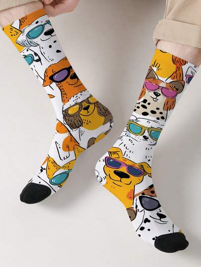 1 Pair 360° Printed Cartoon Puppy Pattern Crew Socks, Cute Dog Print Mid-Calf Socks, All-Season Unisex Comfort Casual Socks, Novelty Fun Pattern Socks