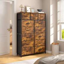 Cómoda de Tela Resistente de 52.2 de Altura con Tapa de Madera y Estructura de Metal, Almacenamiento de Ropa Multiusos y de Gran Capacidad para Dormitorio, Blanca - Óxido marrón - Ver 6