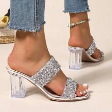 Geeyea Women's High-Heeled Sandals, Elegant Style With Sequined Upper, Open Toe And Chunky Heel, Lightweight Slip-On, Suitable For Beach Vacations, Dates, Parties. - 銀色 - 查看 2