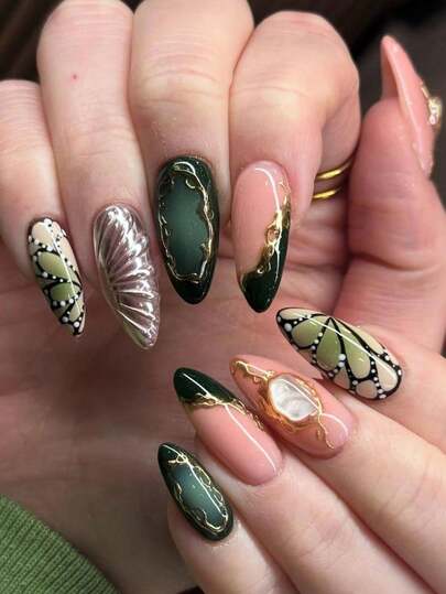 24片短款杏仁形亚克力美甲贴片，斜面法式假指甲，3D烫金设计按压式美甲贴片，包含1片果冻胶和1把指甲锉，适合派对、活动和日常佩戴。适合女性和女孩。包含美甲工具。可塑形美甲套装