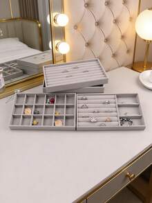 1/4件装天鹅绒首饰托盘，多隔层戒指耳环项链展示收纳托盘，桌面首饰收纳架 - 彩色 - 查看 5