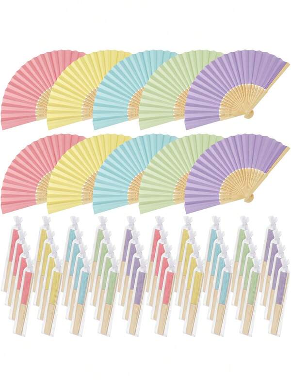 5pcs/Set Soft Color Folding Paper Fans, Suitable For Wedding Guests, Bamboo Folding Hand Fans With Gift Bags, Retro Paper Hand Fans, Applicable For Bachelorette Party Decor, Photo Props, DIY Portable Bamboo Paper Fans, Birthday Party Decor, Suitable For Engagement, Graduation, Wedding Party Decor, Home Bedroom Dining Table Decor, Party Performance Photo Props, Home Living Room Office Decor, 1 Set