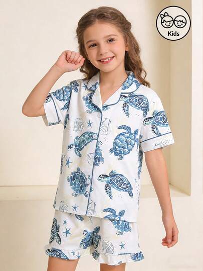 2pcs Kids Ocean Style Turtle Print Short Sleeve Top And Shorts Pajama Set, Summer New Casual Collared Short Sleeve Shirt And Elastic Waist Shorts Set, Machine Washable Blue Turtle Print, Suitable For Boys And Girls, Cartoon Turtle Print Loungewear Sleepwear Set