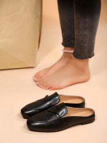 Square Toe Criss-Cross Design Mule Slippers, Flat Backless Slip-On Casual/Work Shoes For Women,Mothers Day Gift - Black - View 6