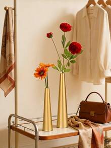 1 Set Luxury Gold Single Flower Vase, 2pcs Metal Slim Neck Vases, Suitable For Bedroom, Living Room And Dining Table Decor, Brushed Gold Tone, Compatible With Modern And Farmhouse Styles, Great For Roses, Greenery Or Dried Flowers, Compact Size Fits On Small Shelves And Countertops - 1PC - View 3