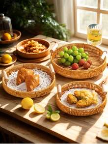 1 pieza Bandeja ovalada tejida a mano de ratán, plato portátil de estilo japonés para postres y frutas, cesta de almacenamiento, adecuada para almacenamiento, decoración, decoración rústica del hogar, maceta, portavelas, accesorios navideños, suministros para fiestas de cumpleaños, regalo de cumpleaños - Marrón moca-con asa - Ver 1