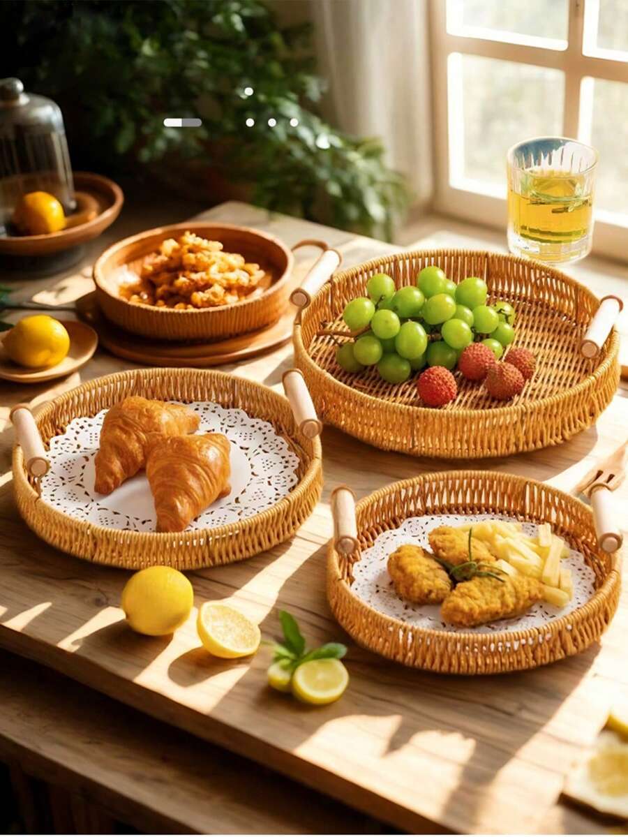 1 pieza Bandeja ovalada tejida a mano de ratán, plato portátil de estilo japonés para postres y frutas, cesta de almacenamiento, adecuada para almacenamiento, decoración, decoración rústica del hogar, maceta, portavelas, accesorios navideños, suministros para fiestas de cumpleaños, regalo de cumpleaños - Marrón moca-con asa - Ver 1