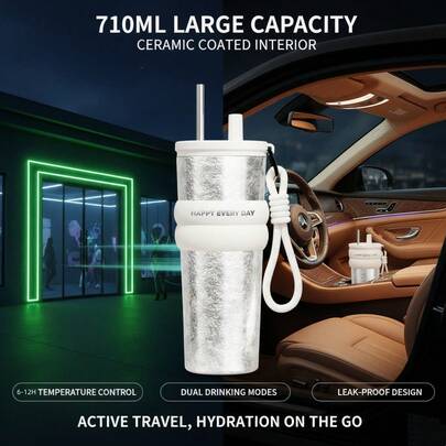 Cốc sứ tráng men 710ml – Tay cầm chống trượt, cốc giữ nhiệt di động kèm dây đeo