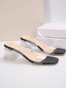 Giày sandal cao gót màu trắng thanh lịch dành cho nữ - Mũi vuông, gót dày, quai giả da, giày công sở phù hợp mọi mùa, gót nhọn - màu đen - Xem 7