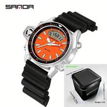 SANDA. SANDA Men's Retro Sports Electronic Watch, Dual Display Dial, Multi-Function Digital Wristwatch, Suitable For Outdoor And Daily Wear - Silver - View 13