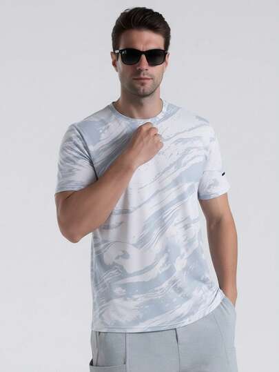 男士速干健身T恤，透气吸湿大理石纹印花短袖圆领T恤，适合跑步和训练